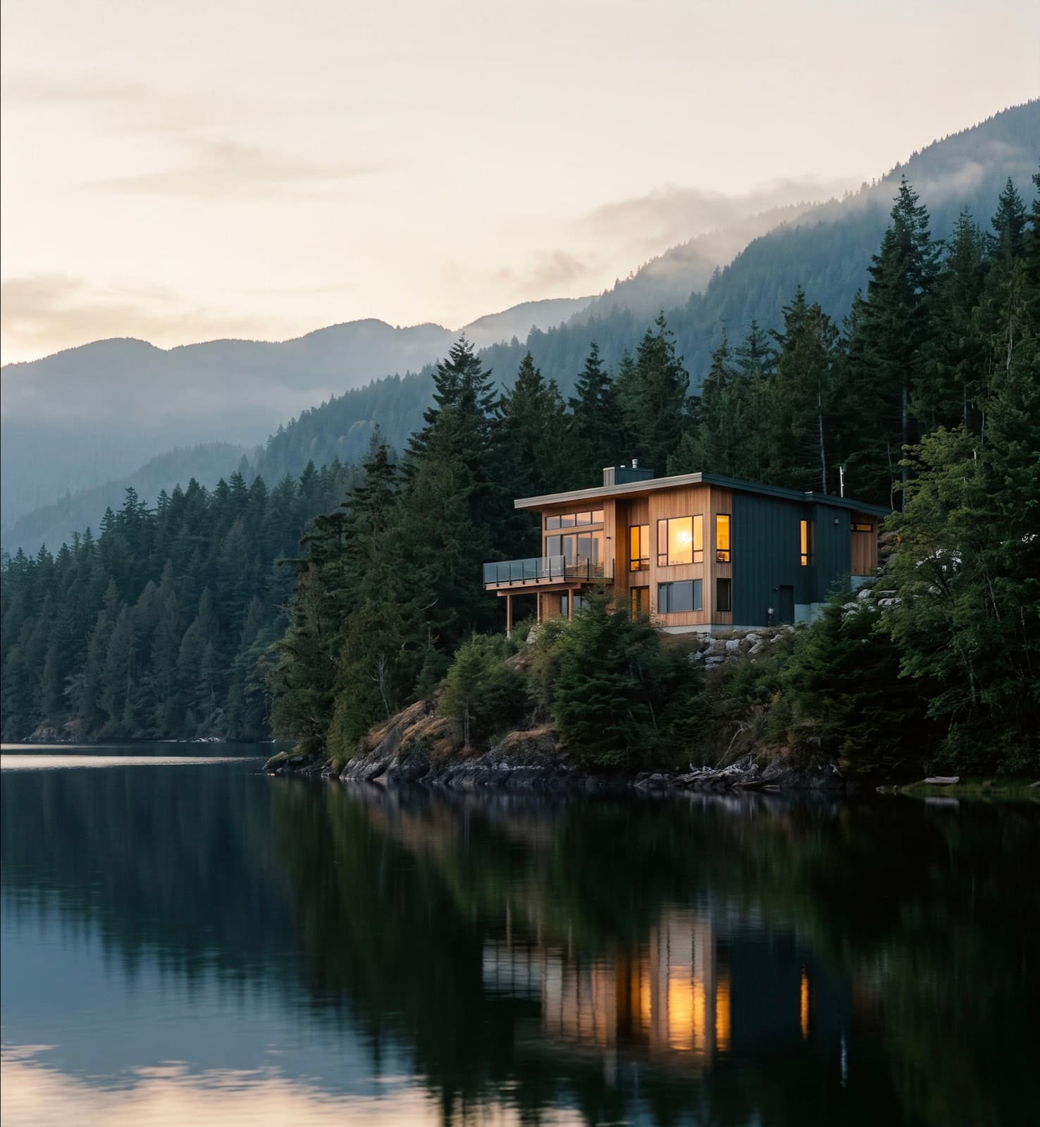 A modern cedar and glass home lit at dusk on a forested hillside above a calm British Columbia lake